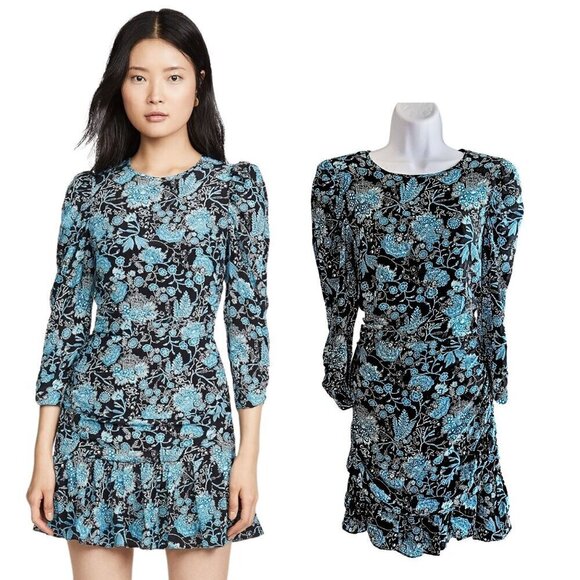 TANYA TAYLOR Raven Paisley Blue Floral Long Sleeve MiniDress w/Auth Sticker Sz 8 - Picture 1 of 10
